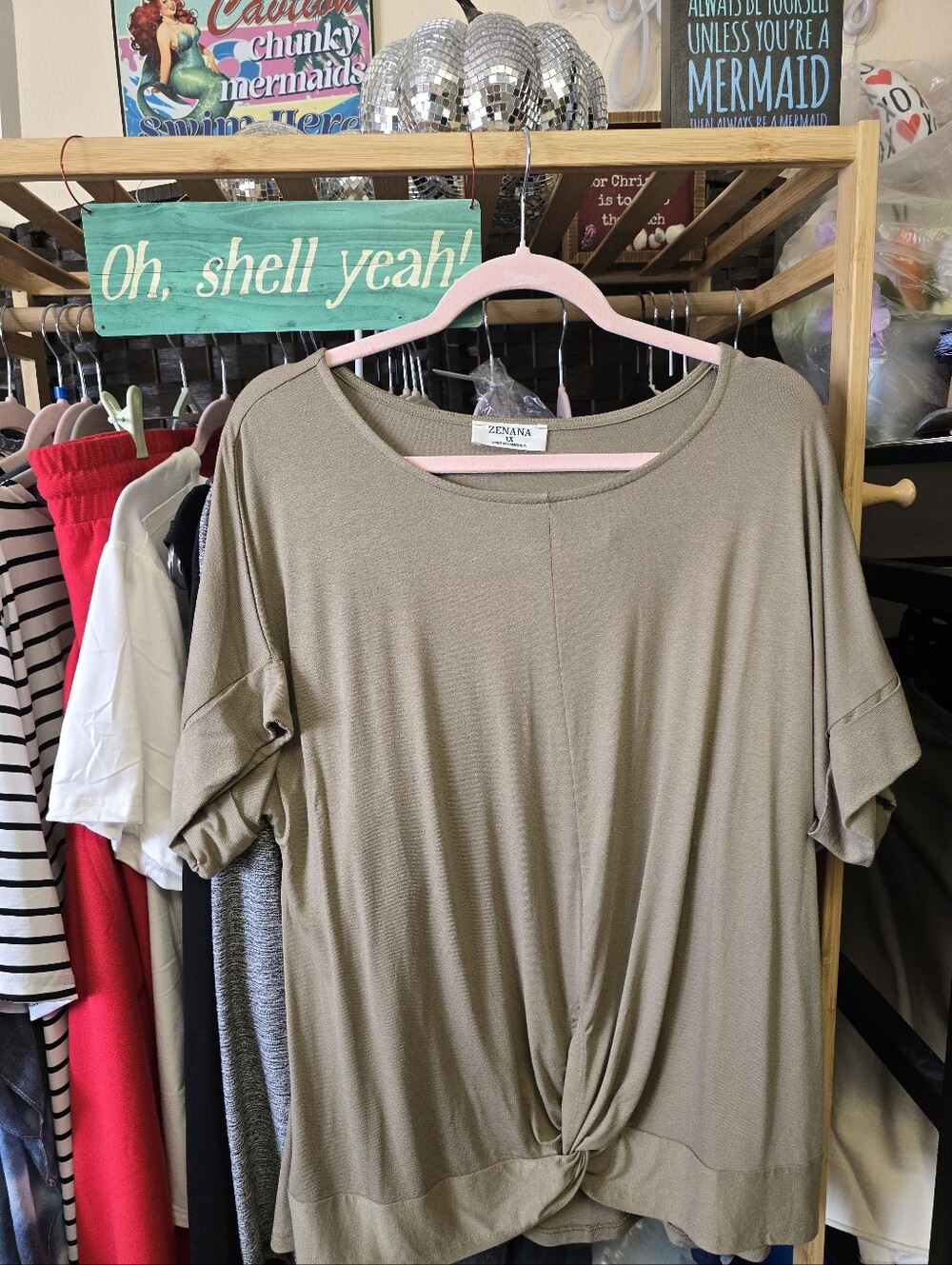 #0670 1X ZENANA Sage Gathered Front Top Cuffed Slvs 24"PTP 29"Long Rayon/Span